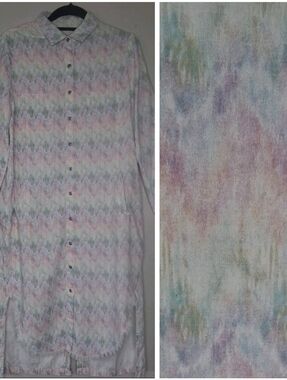 Billy T Linen Lyocell Tunic Shirtdress Pastel Colored Print High Low Raw Hem XS